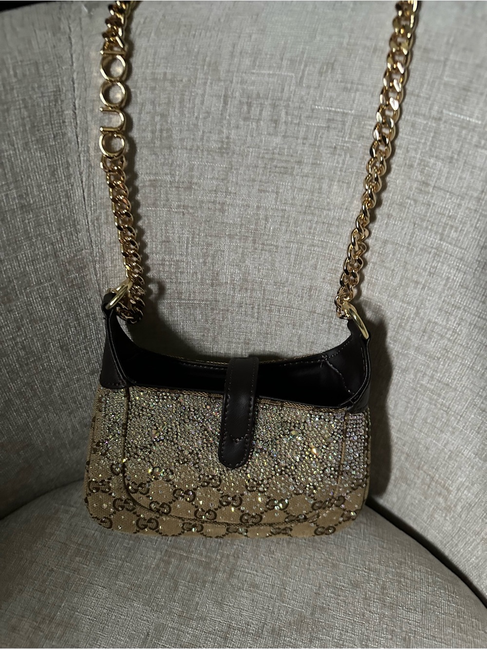 Brown GG Canvas Crystal-Embellished bling Shoulder Bag - Picture 7 of 11